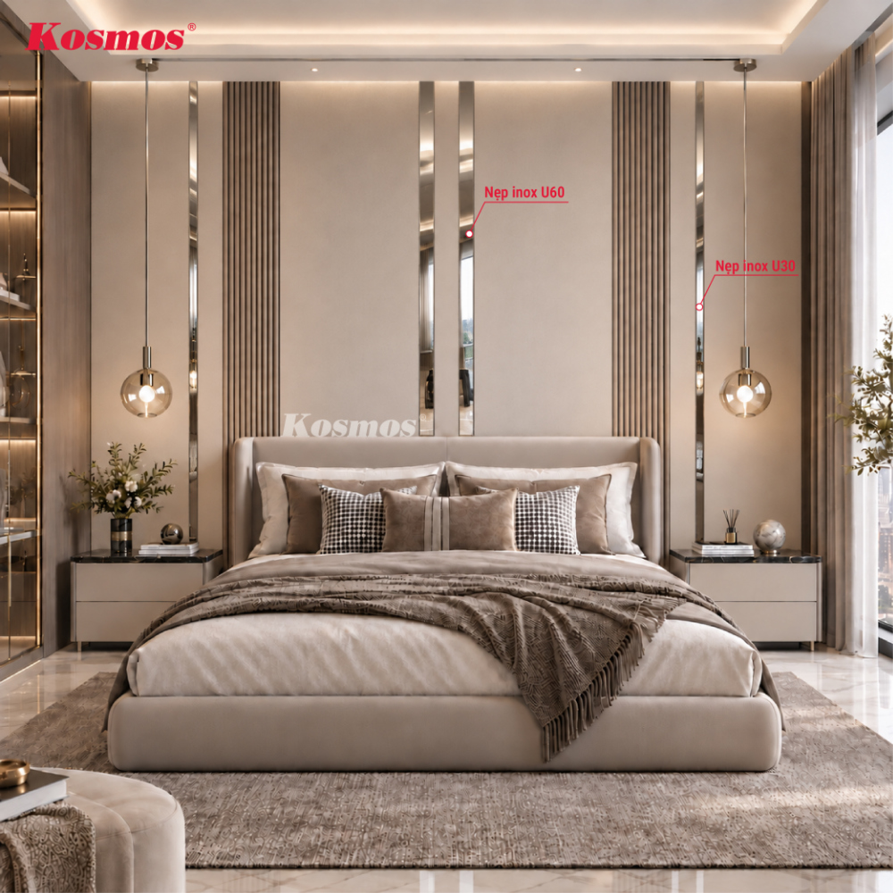Hình vách đầu giường kết hợp nẹp inox U30 và U60 màu bạc gương