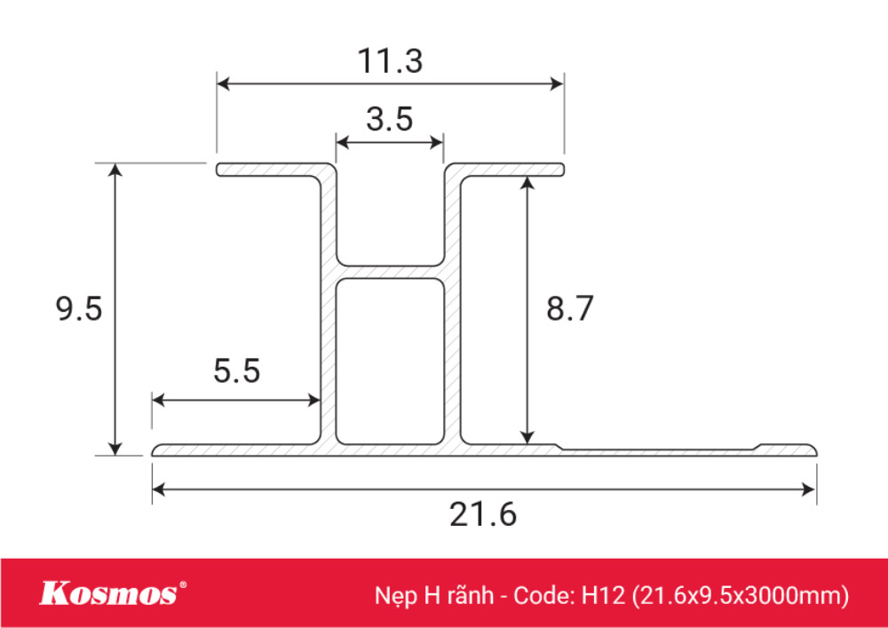 Kích thước nẹp nhôm tấm ốp than tre 8mm mã H12