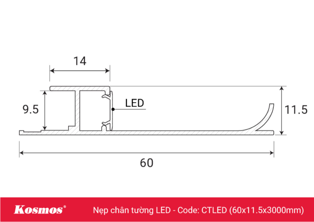 Mặt cắt nẹp chân tường led CTLED