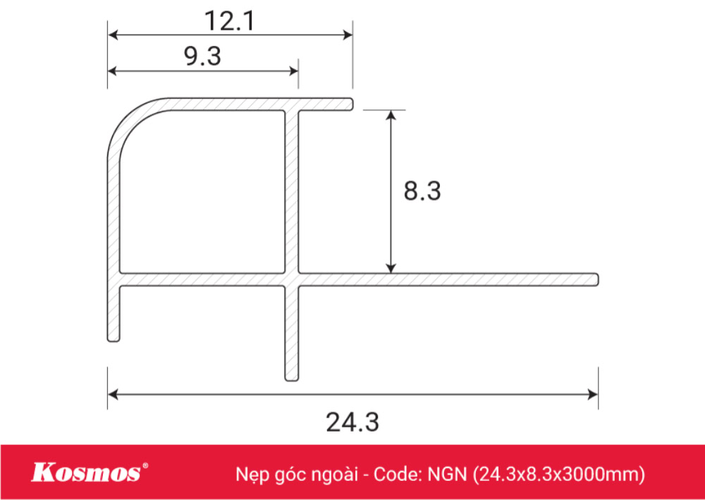 Mặt cắt nẹp góc ngoài tấm ốp than tre 8mm mã NGN