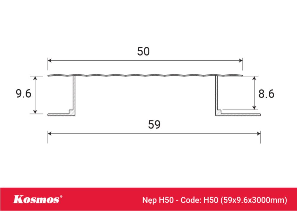 Mặt cắt nẹp H nối có rãnh của tấm ốp than tre mã H50