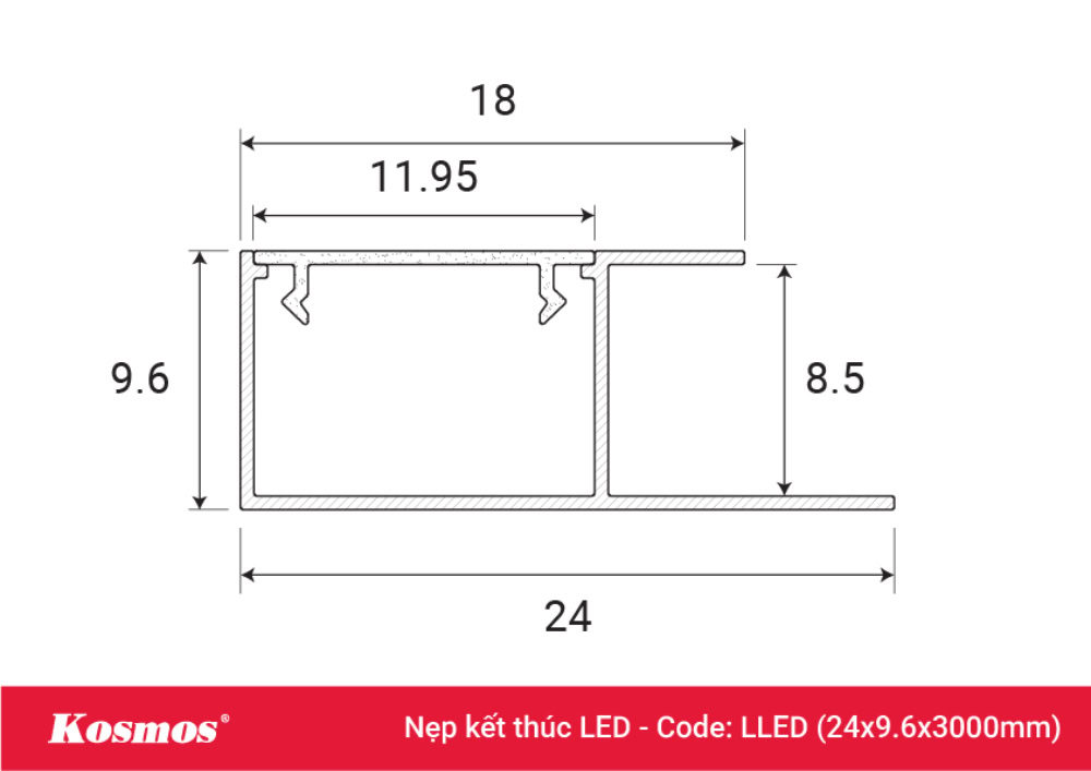 Mặt cắt nẹp kết thúc cạnh tấm ốp than tre mã LLED