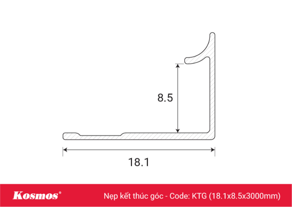 Mặt cắt nẹp kết thúc góc trong tấm ốp than tre 8mm mã KTG