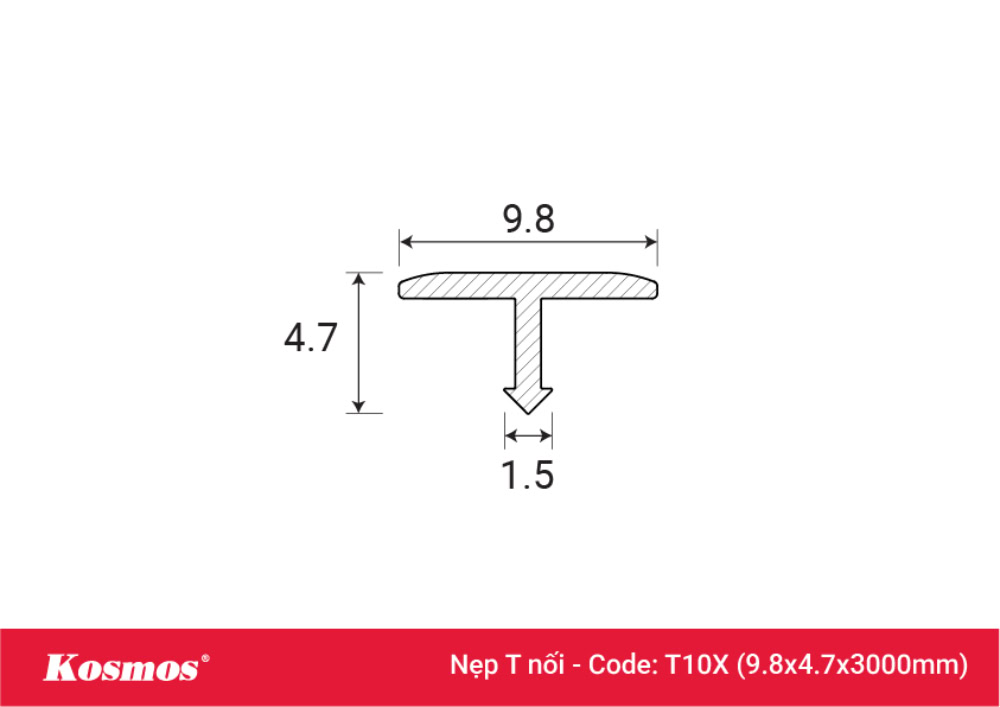 Mặt cắt nẹp nhôm chữ T dùng có các mối nối phẳng của tấm ốp than tre mã T10X Mặt cắt nẹp nhôm chữ T dùng có các mối nối phẳng của tấm ốp than tre mã T10X