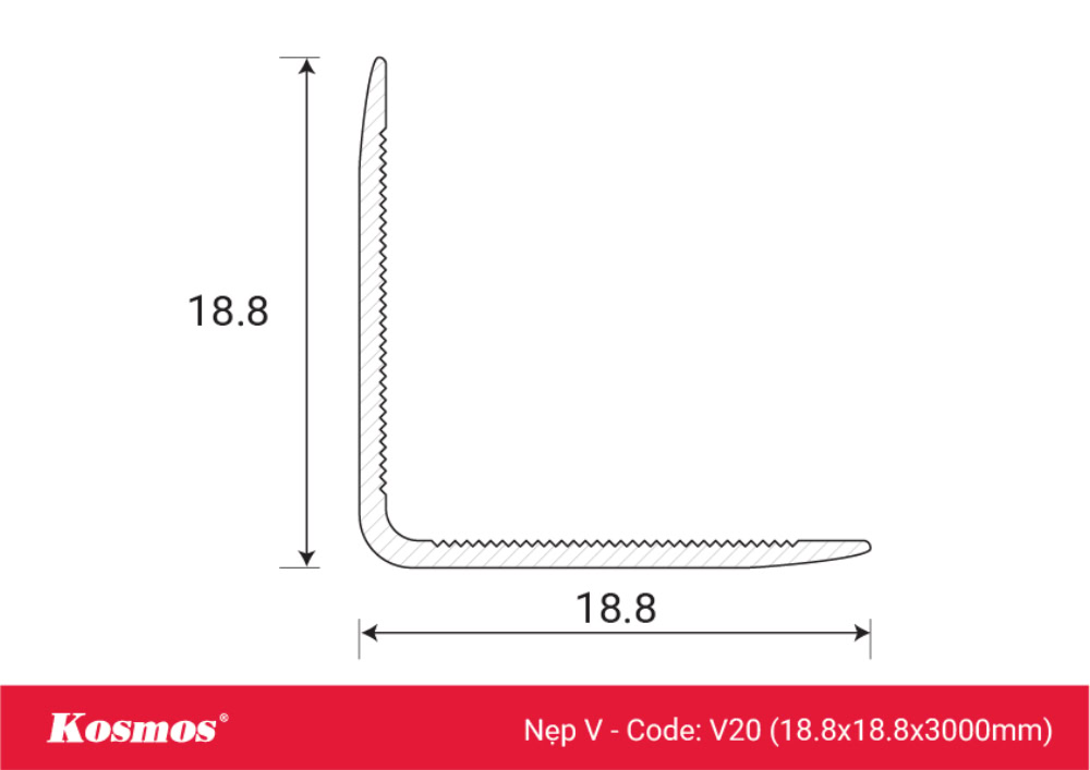 Mặt cắt nẹp nhôm chữ V của tấm ốp than tre mã V20
