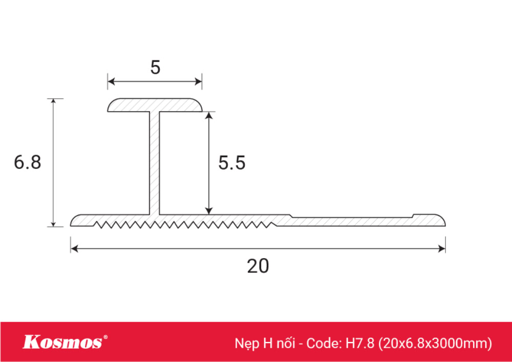 Mặt cắt nẹp nhôm H7.8 màu sâm panh có mặt trên rộng 5mm