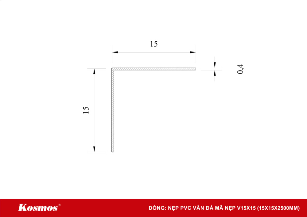 Mặt cắt nẹp nhôm PVC vân đá mã V15X15 Mặt cắt nẹp nhôm PVC vân đá mã V15X15