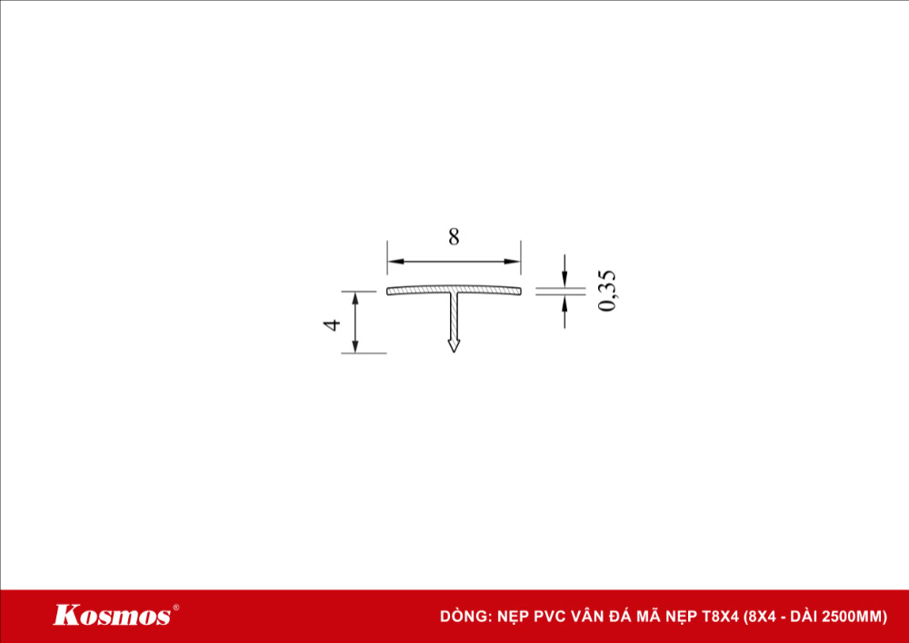 Mặt cắt nẹp nhôm T8X4 ốp khe nối tấm PVC giả đá Mặt cắt nẹp nhôm T8X4 ốp khe nối tấm PVC giả đá