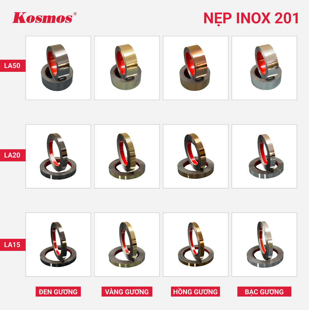 Nẹp LA inox 201 keo dán sẵn: Kích thước, màu sắc, ứng dụng
