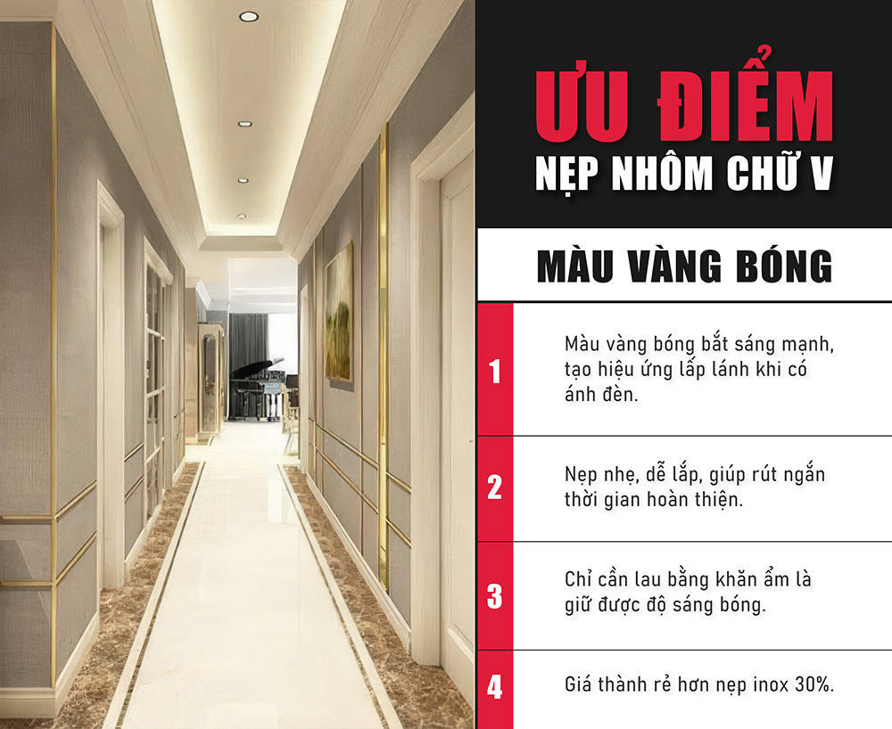 Ưu điểm nẹp nhôm chữ V màu vàng bóng