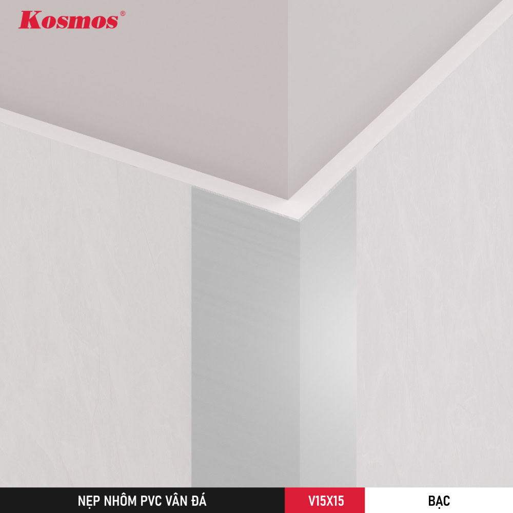 V15X15-B là nẹp V màu bạc dùng để ốp góc vuông tấm ốp PVC vân đá