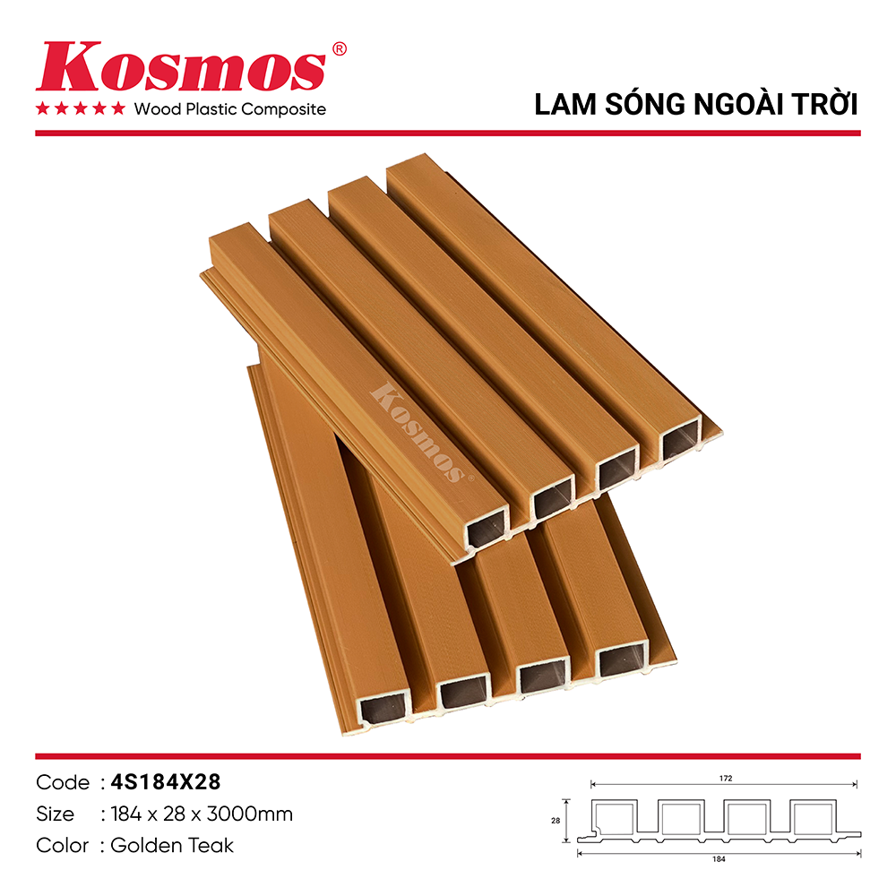Lam sóng gỗ nhựa phủ ASA 4S184X28 màu Golden Teak Lam sóng gỗ nhựa phủ ASA 4S184X28 màu Golden Teak
