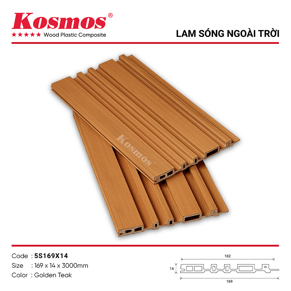 Lam 5 sóng gỗ nhựa phủ ASA 5S169X14 màu Golden Teak Lam 5 sóng gỗ nhựa phủ ASA 5S169X14 màu Golden Teak