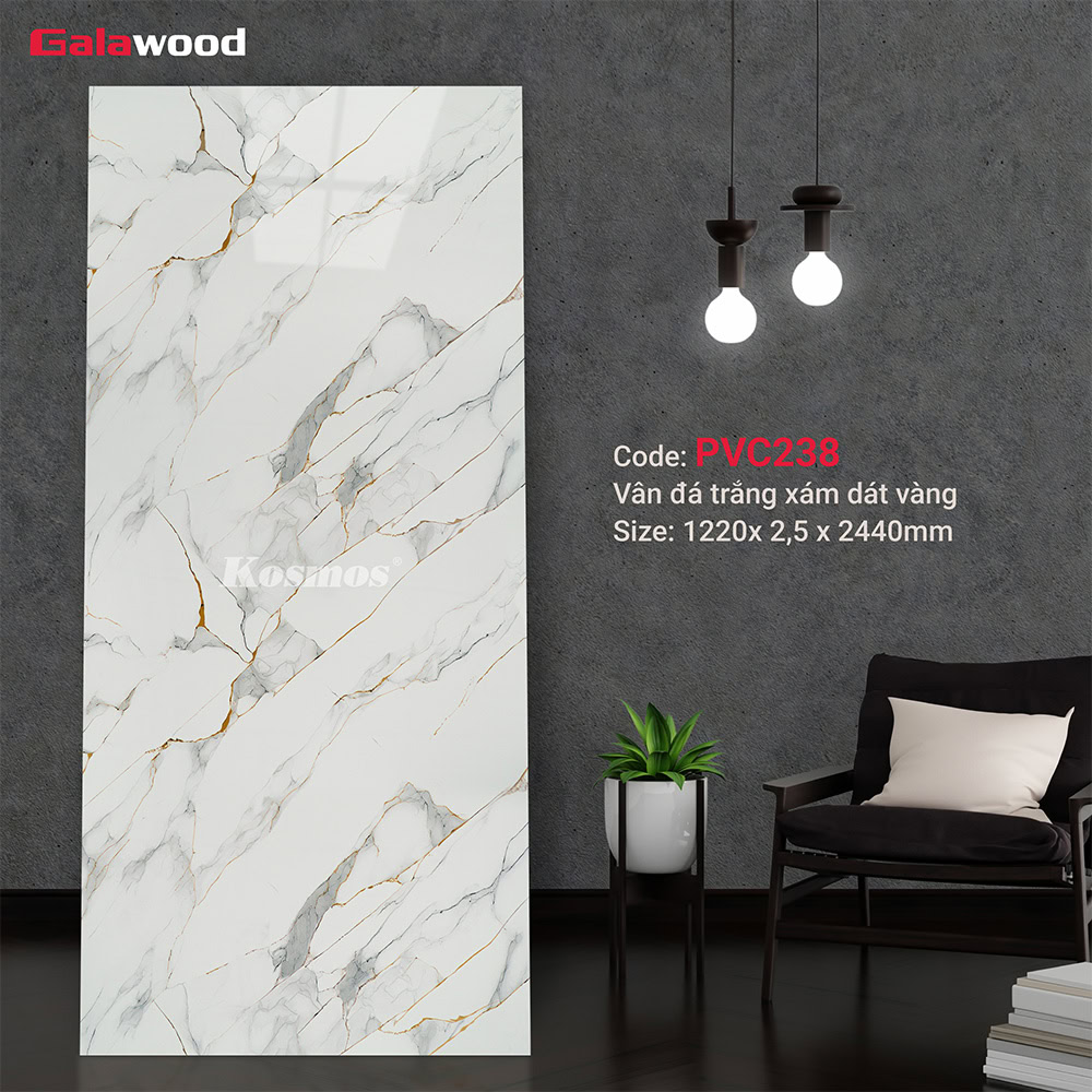 Tấm ốp PVC vân đá Galawood PVC238 Marble vân đá trắng xám dát vàng