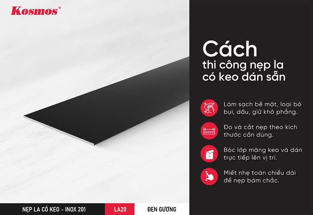 Cách thi công nẹp la có keo dán sẵn LA20-DG Cách thi công nẹp la có keo dán sẵn LA20-DG