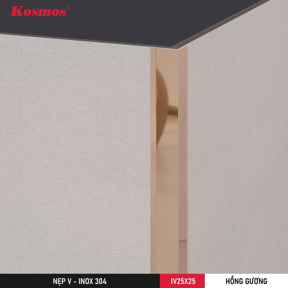 Hình lắp đặt nẹp V inox 25x25mm màu hồng gương