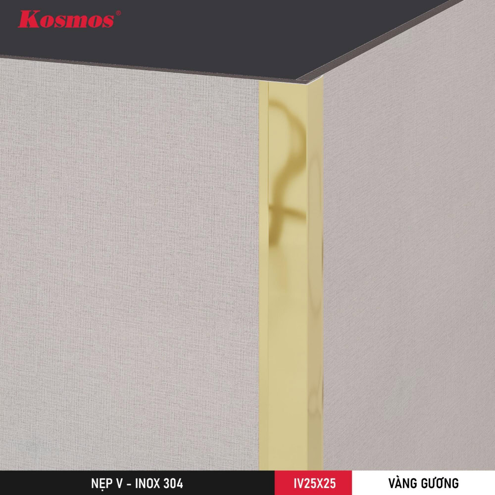 Hình lắp đặt nẹp V inox 25x25mm màu vàng gương 