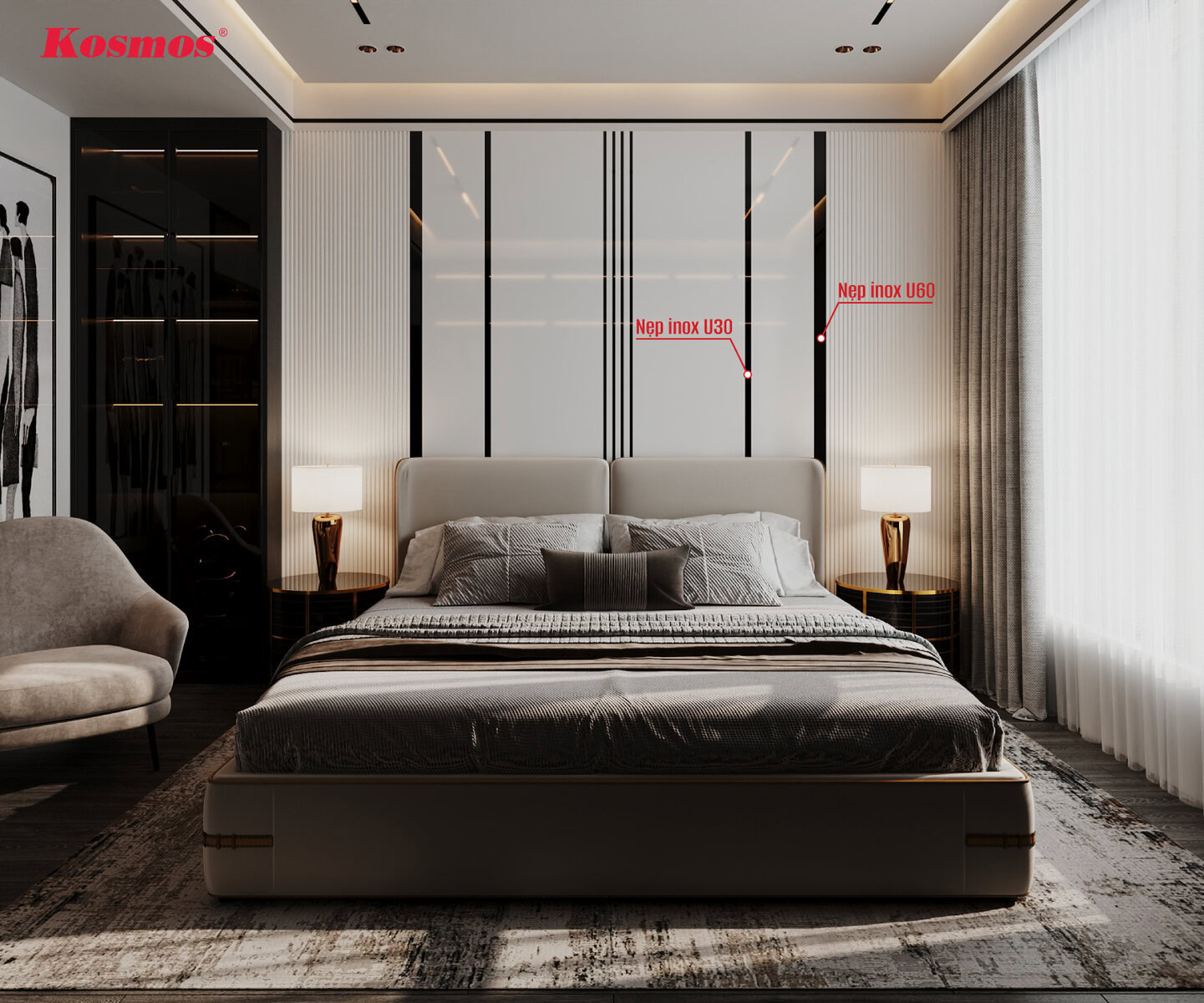 Hình vách đầu giường kết hợp nẹp inox U30 và U60 màu đen gương 