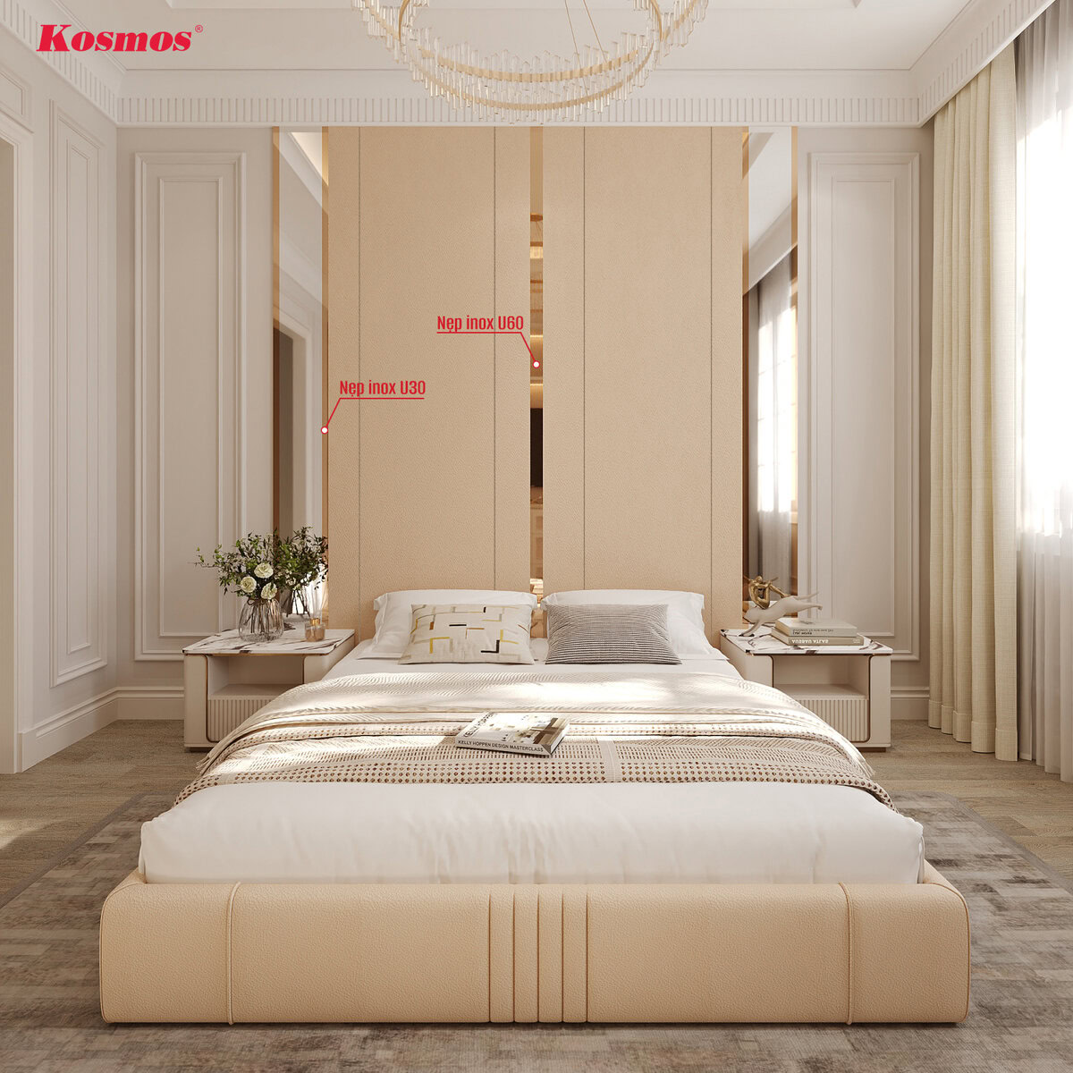 Hình vách đầu giường kết hợp nẹp inox U30 và U60 màu hồng gương