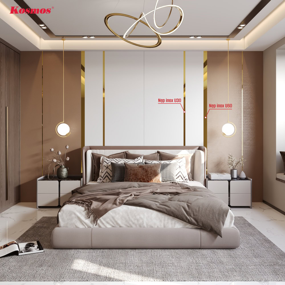 Hình vách đầu giường kết hợp nẹp inox U30 và U60 màu vàng gương 