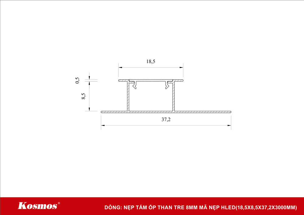 Size of LED H-shaped strip with code HLED of 8mm bamboo charcoal panel