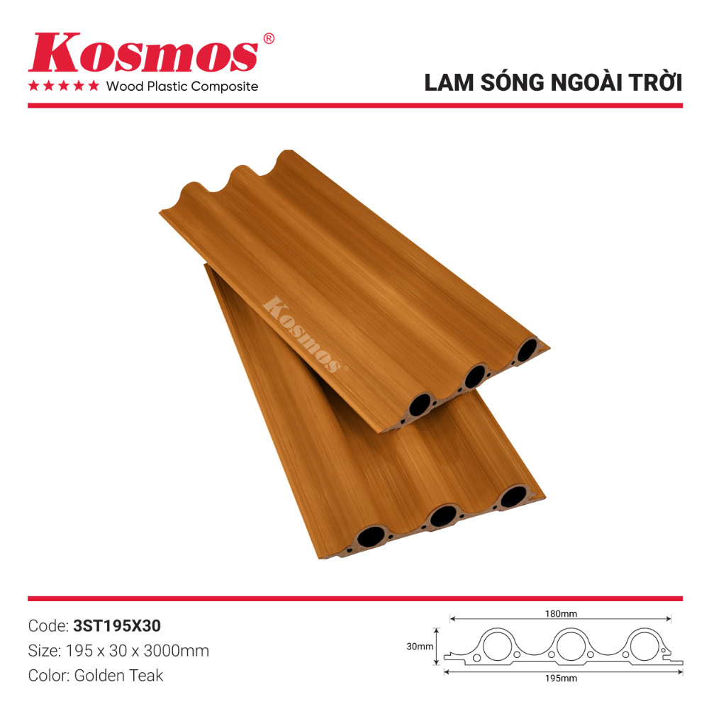 Tấm ốp lam sóng gỗ nhựa tròn ASA 3ST195X30 Golden Teak