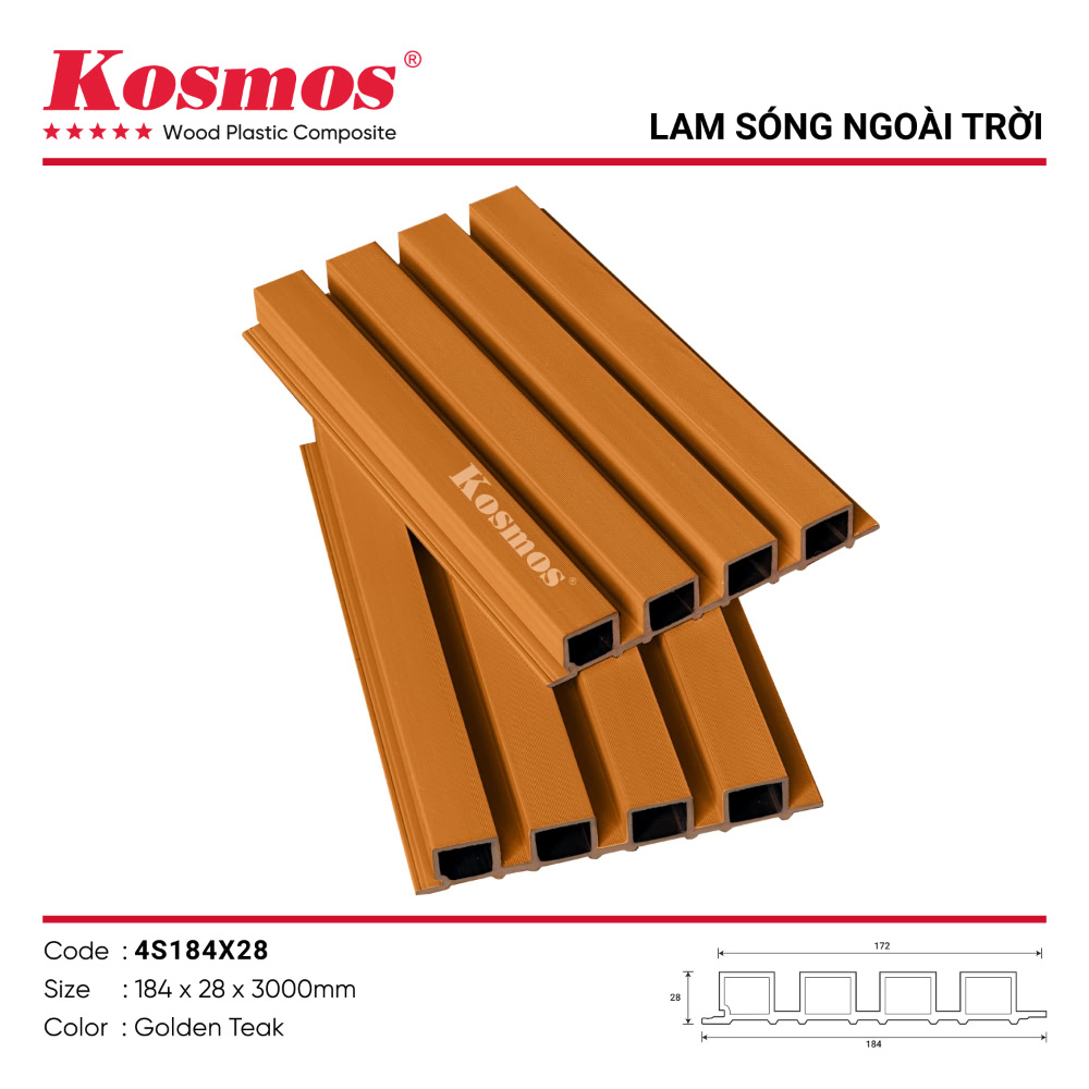 Tấm ốp lam 4 sóng gỗ nhựa 2 lớp phủ ASA Golden Teak