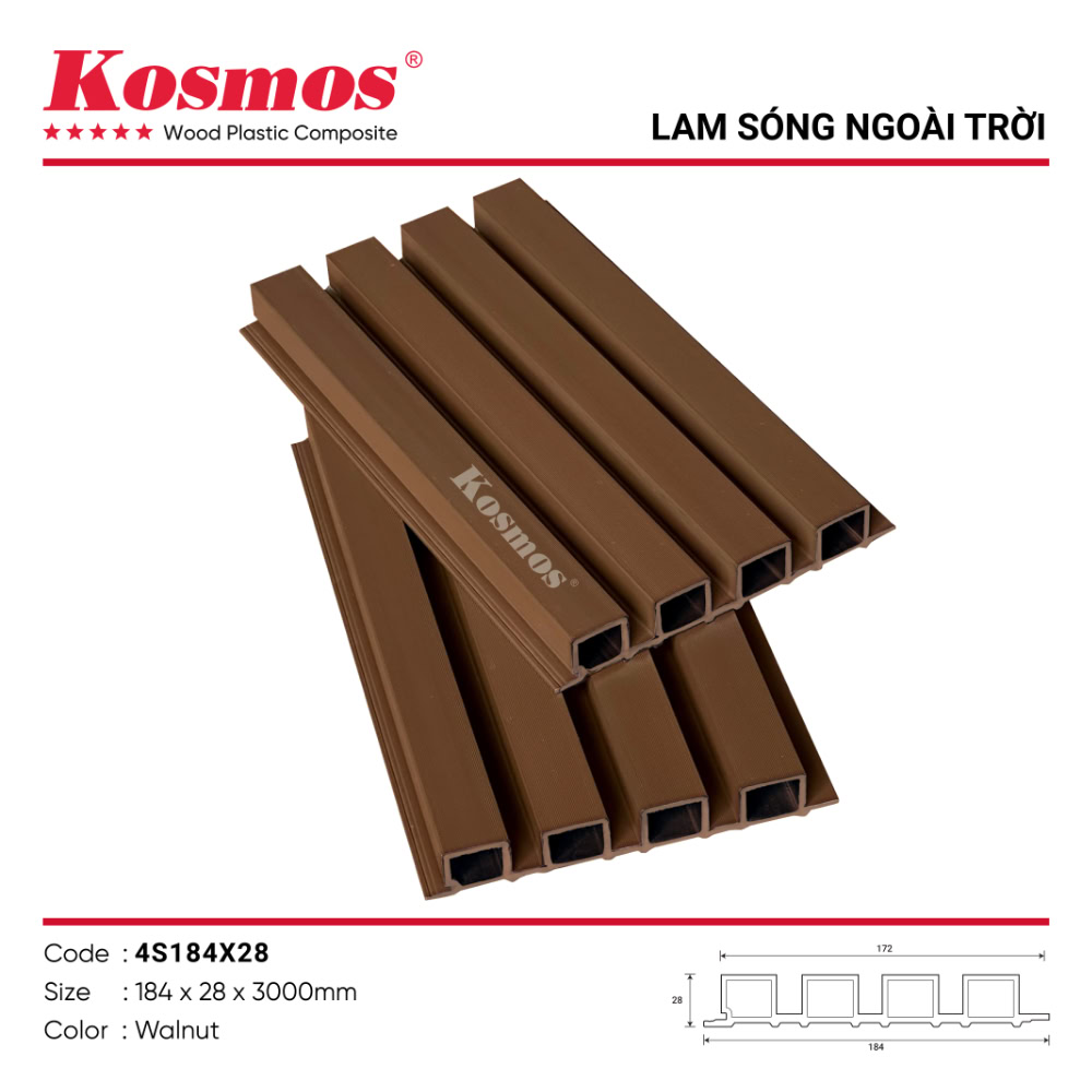 Lam sóng gỗ nhựa 2 lớp phủ ASA mã 4S184X28 Walnut (nâu) Lam sóng gỗ nhựa 2 lớp phủ ASA mã 4S184X28 Walnut (nâu)