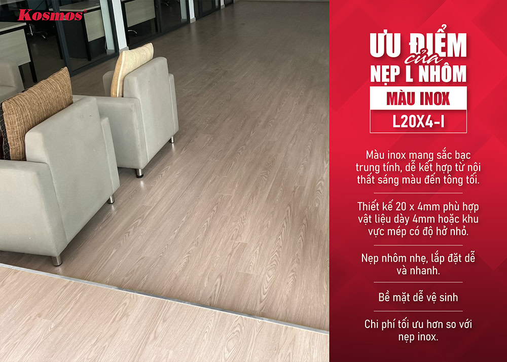 Lợi ích nẹp L nhôm màu inox mã L20X4-I Lợi ích nẹp L nhôm màu inox mã L20X4-I