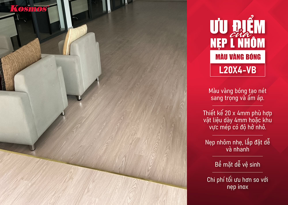 Lợi ích nẹp L nhôm màu vàng bóng mã L20X4-VB