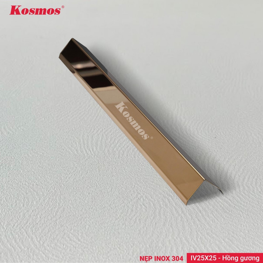Nẹp IV25X25-HG là nẹp chữ V kích thước 25x25mm, làm từ inox 304, bề mặt mạ PVD màu hồng gương
