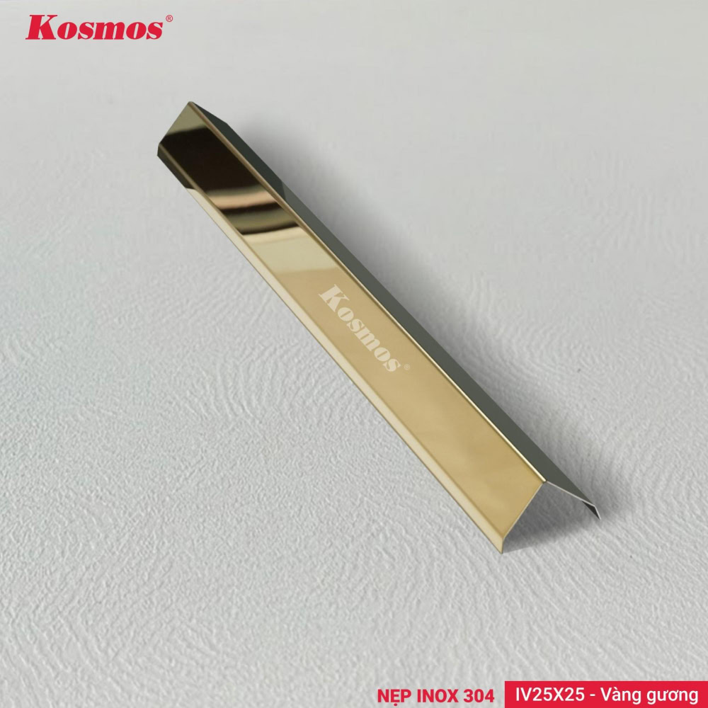 Nẹp IV25X25-VG là nẹp chữ V kích thước 25x25mm, làm từ inox 304, bề mặt mạ PVD màu vàng gương 
