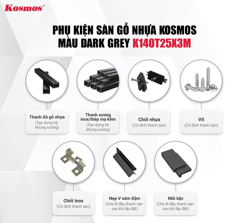Các phụ kiện đi kèm sàn ngoài trời vân gỗ 3D K140T25X3M