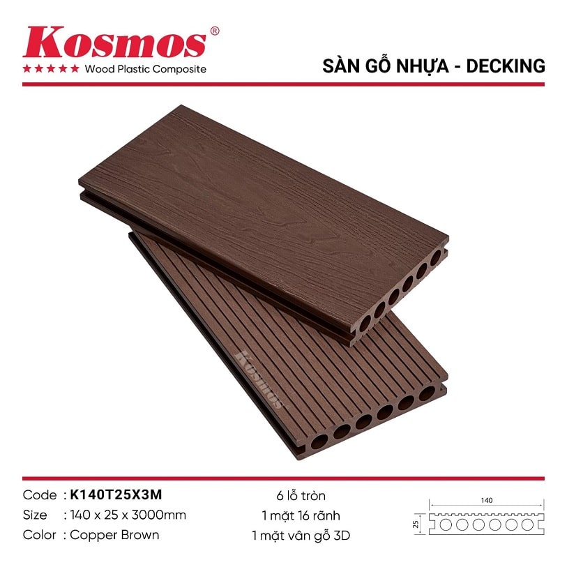 Sàn gỗ nhựa 1 lớp Copper Brown vân gỗ 3D K140T25X3M Kosmos