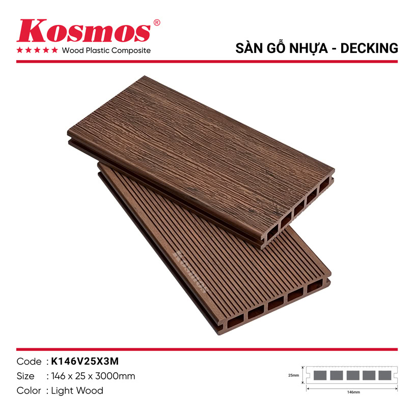Sàn gỗ nhựa lỗ vuông màu Light Wood vân gỗ tự nhiên K146V25X3M Kosmos