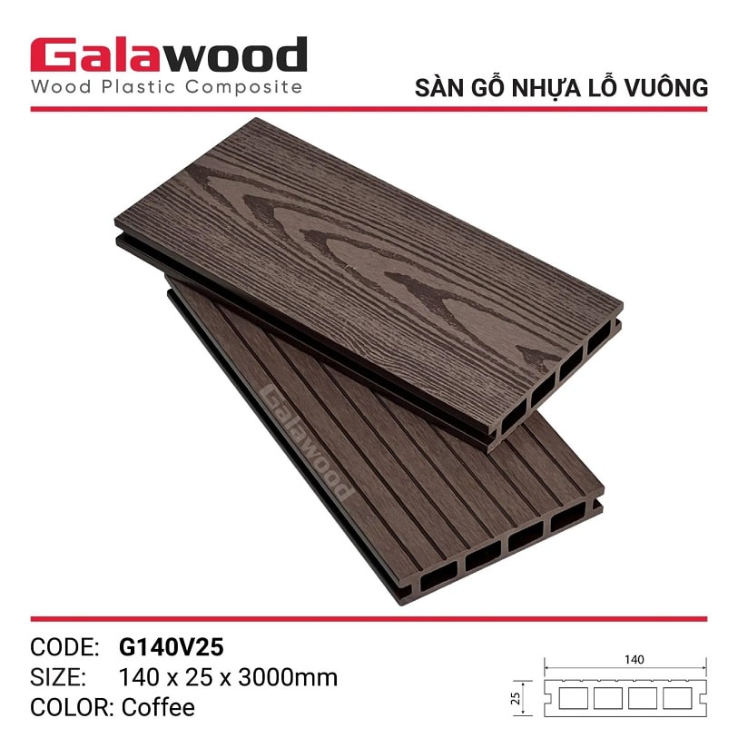 Sàn gỗ nhựa ngoài trời Galawood G140V25 Coffee vân gỗ 2D Sàn gỗ nhựa ngoài trời Galawood G140V25 Coffee vân gỗ 2D