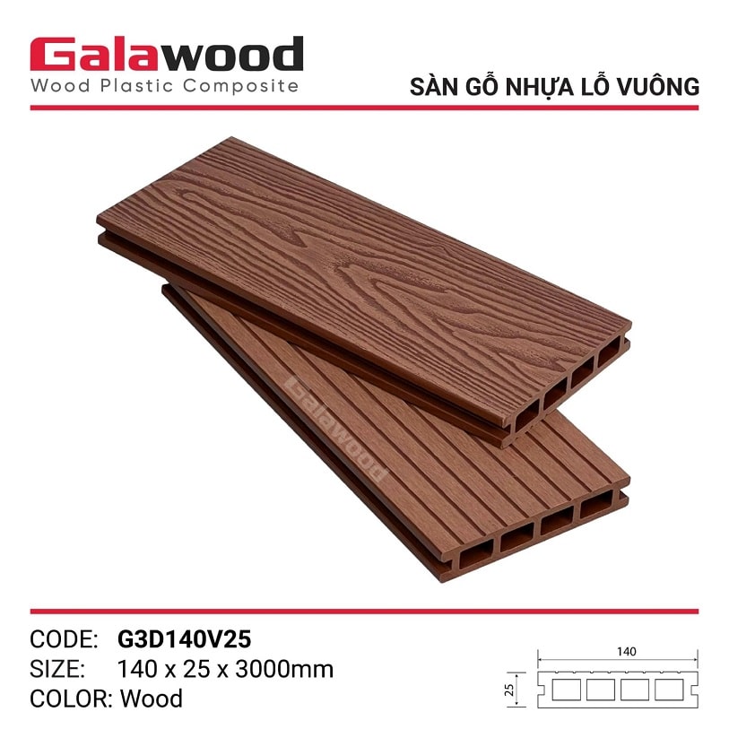 Sàn gỗ nhựa ngoài trời màu Wood vân gỗ 3D mã G3D140V25 Galawood