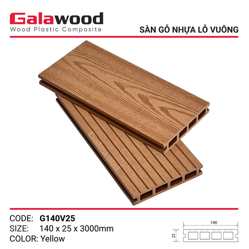 Sàn gỗ nhựa ngoài trời lỗ vuông vân gỗ 2D mã G140V25 màu Yellow (vàng) Sàn gỗ nhựa ngoài trời lỗ vuông vân gỗ 2D mã G140V25 màu Yellow (vàng)