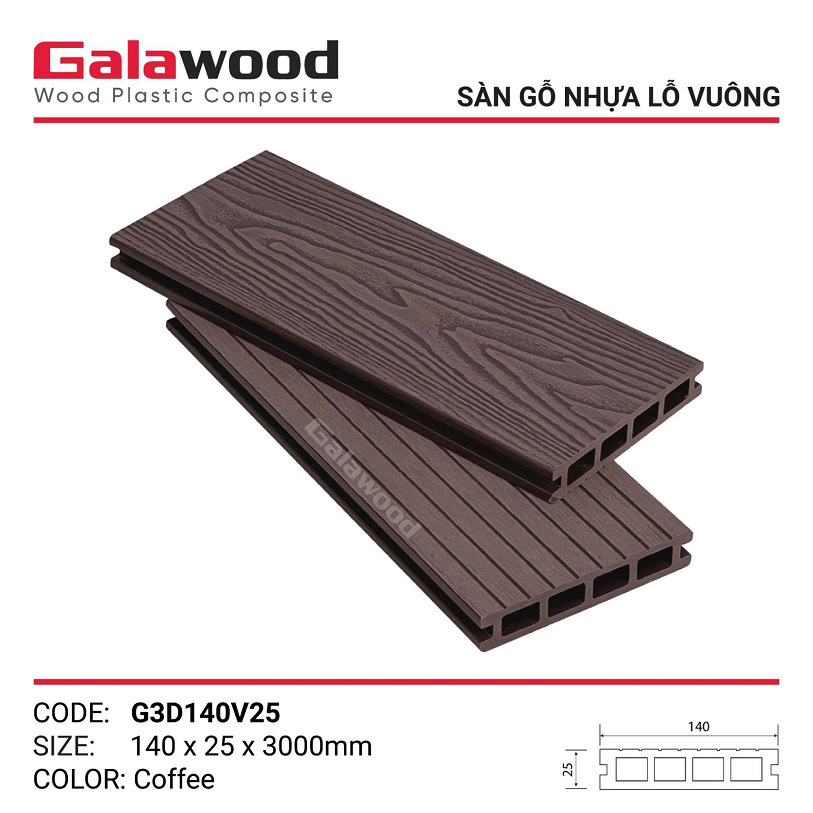 Sàn gỗ nhựa ngoài trời màu Coffee vân gỗ 3D mã G3D140V25 Galawood Sàn gỗ nhựa ngoài trời màu Coffee vân gỗ 3D mã G3D140V25 Galawood