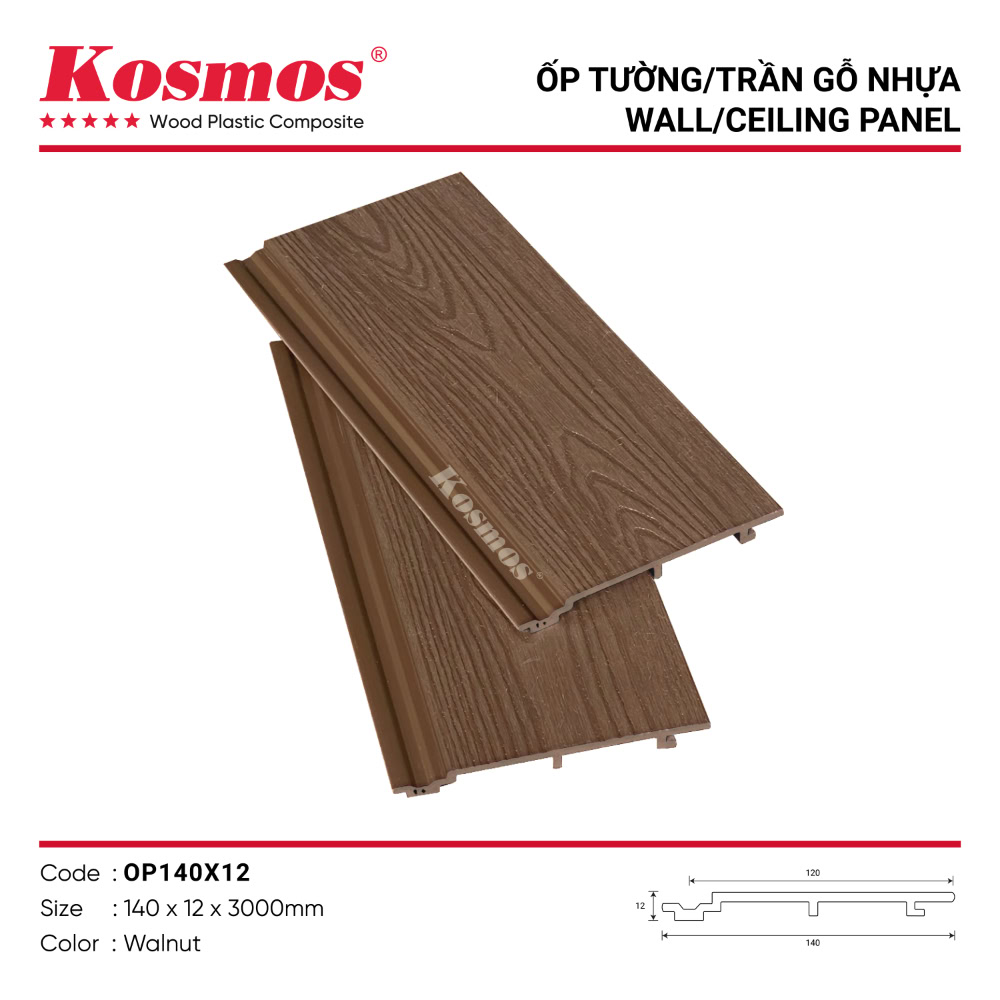Tấm ốp gỗ nhựa vân 3D ASA màu Walnut mã OP140X12
