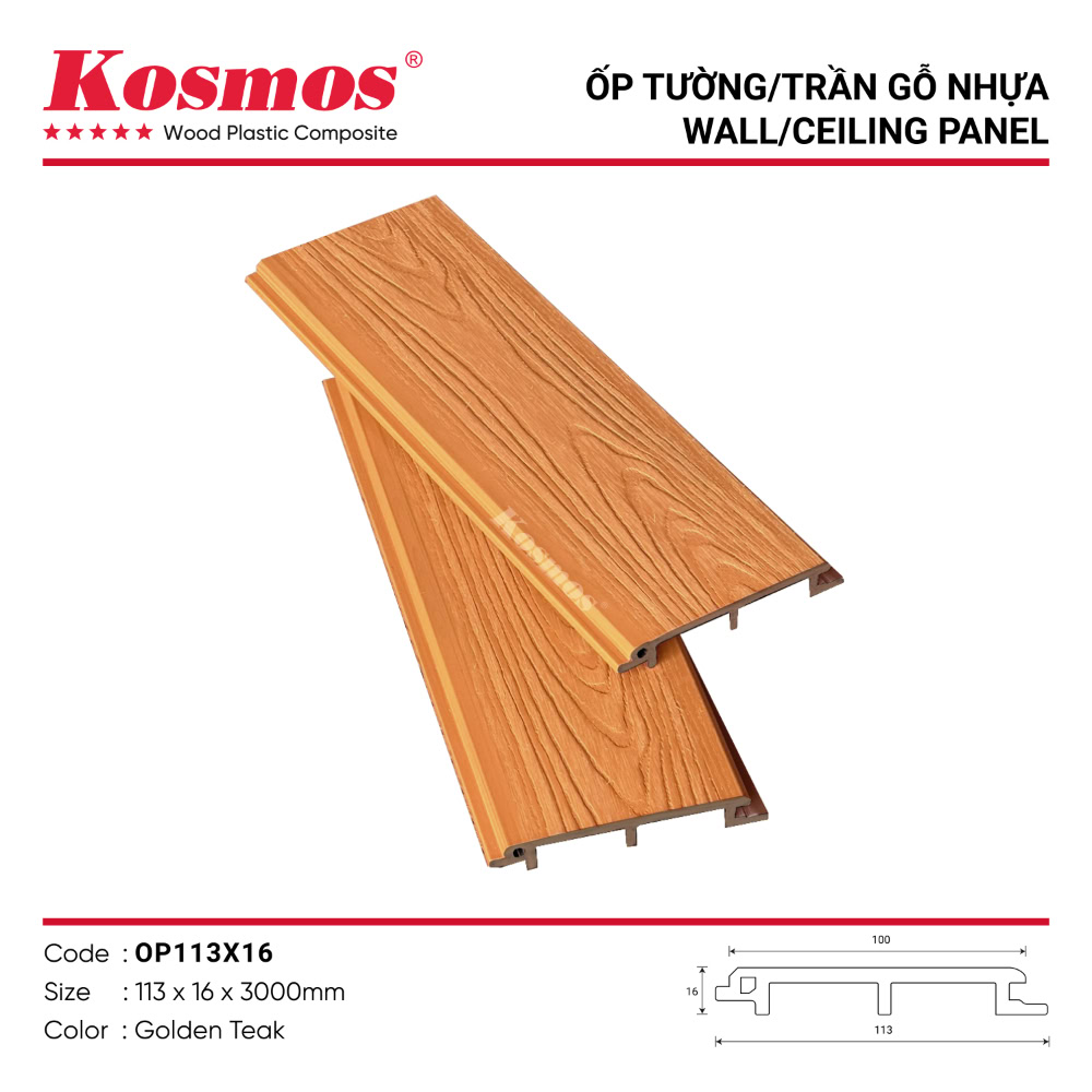 Tấm gỗ nhựa ASA mã OP113X16 Golden Teak (vàng cam đậm)