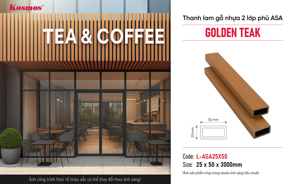 Imagen que muestra la aplicación de lamas compuestas de madera y plástico Teca Dorada L-ASA25X50. Imagen que muestra la aplicación de lamas compuestas de madera y plástico Teca Dorada L-ASA25X50.