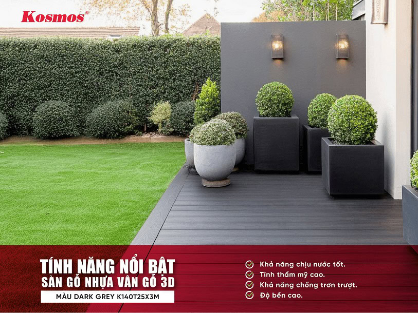Tính năng nổi bật của sàn gỗ nhựa ngoài trời K140T25X3M màu Dark Grey