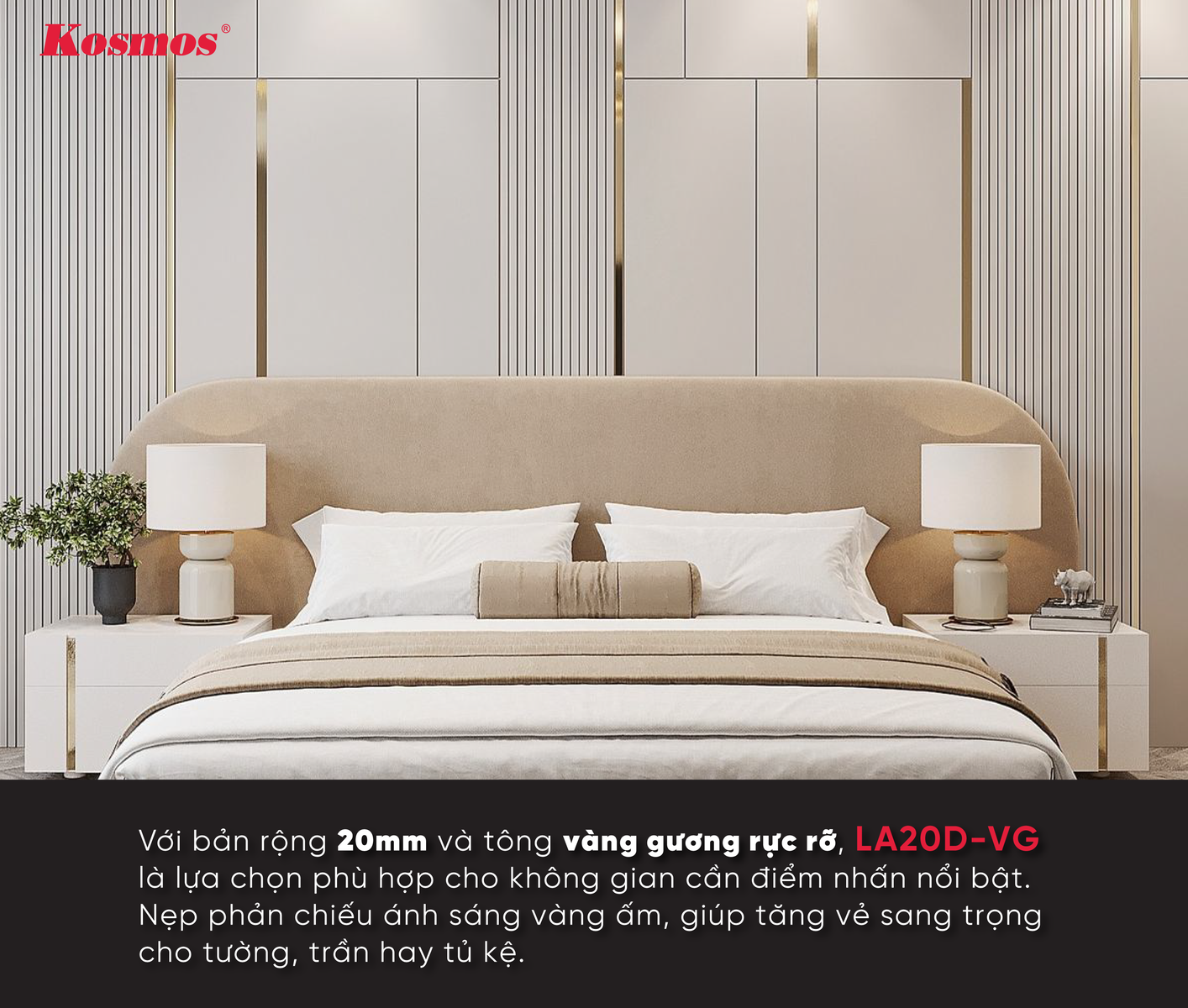 Hình ứng dụng nẹp la inox 201 rộng 20mm màu vàng gương có keo dán sẵn
