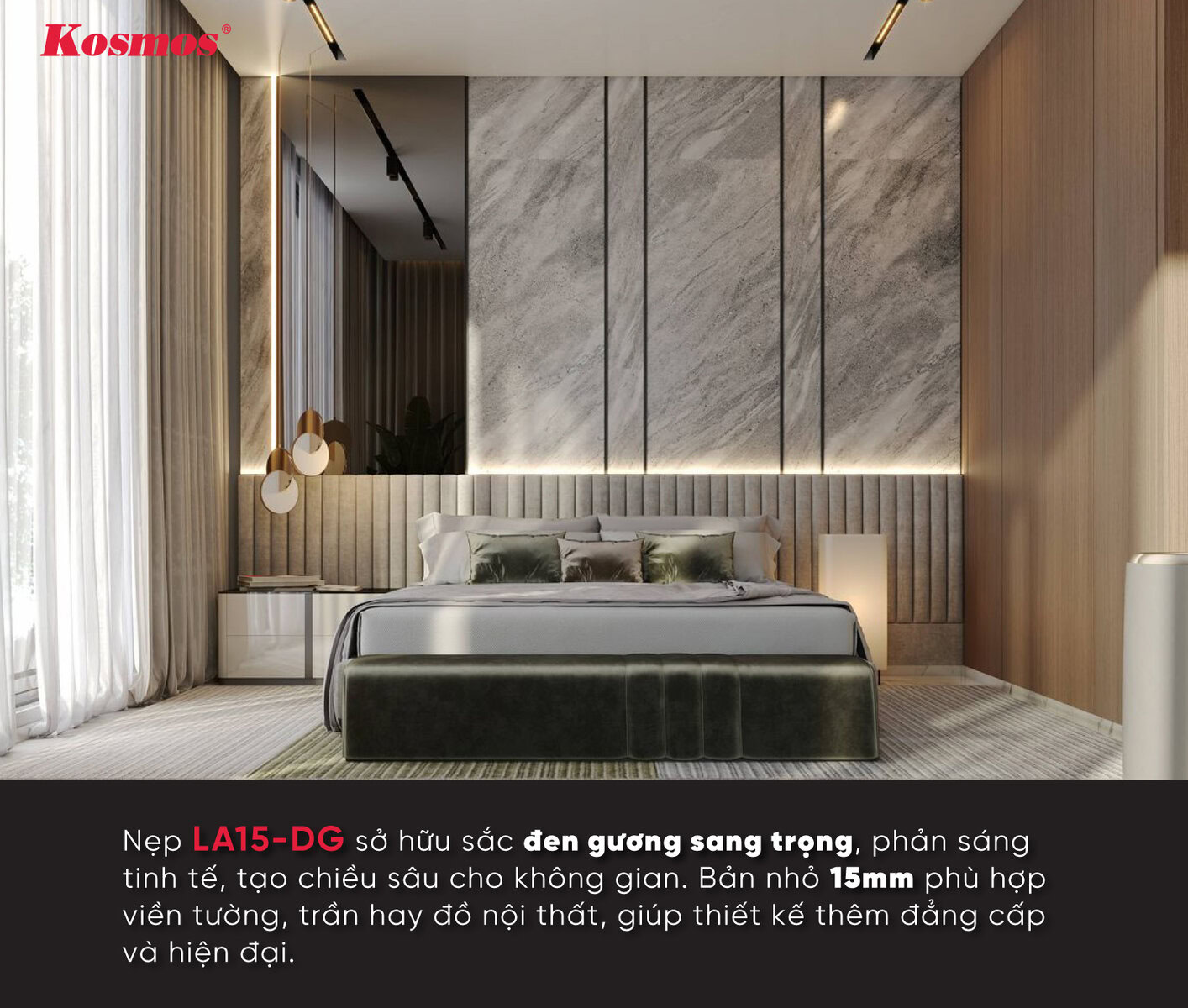 Hình ứng dụng nẹp la inox 201 rộng 15mm màu đen gương có keo dán sẵn