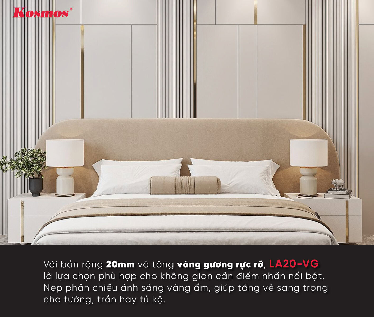 Hình ứng dụng nẹp la inox 201 rộng 20mm màu vàng gương có keo dán sẵn