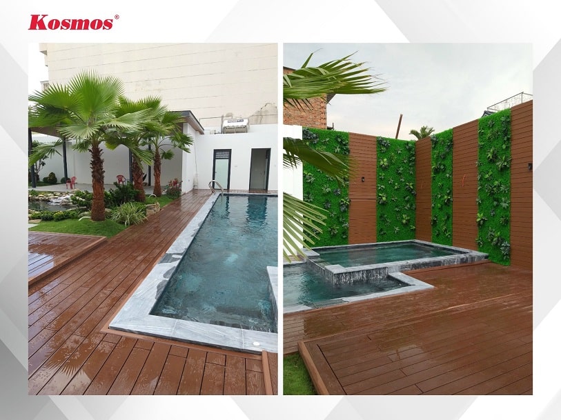 Ứng dụng sàn gỗ nhựa lỗ tròn K140T25X3M nâu đỏ lát sàn hồ bơi