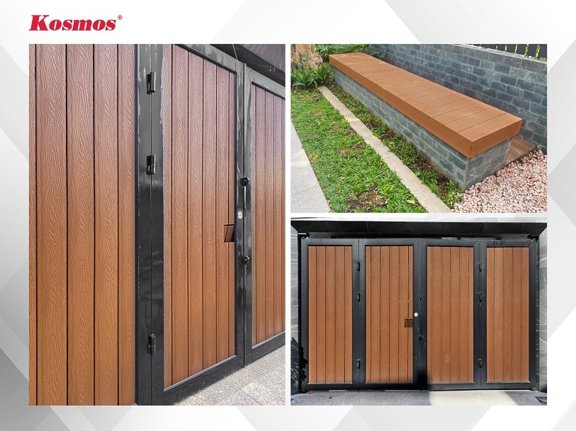 Ứng dụng sàn gỗ nhựa ngoài trời lỗ tròn vân gỗ 3D K140T25X3M ốp cổng, bục ngồi