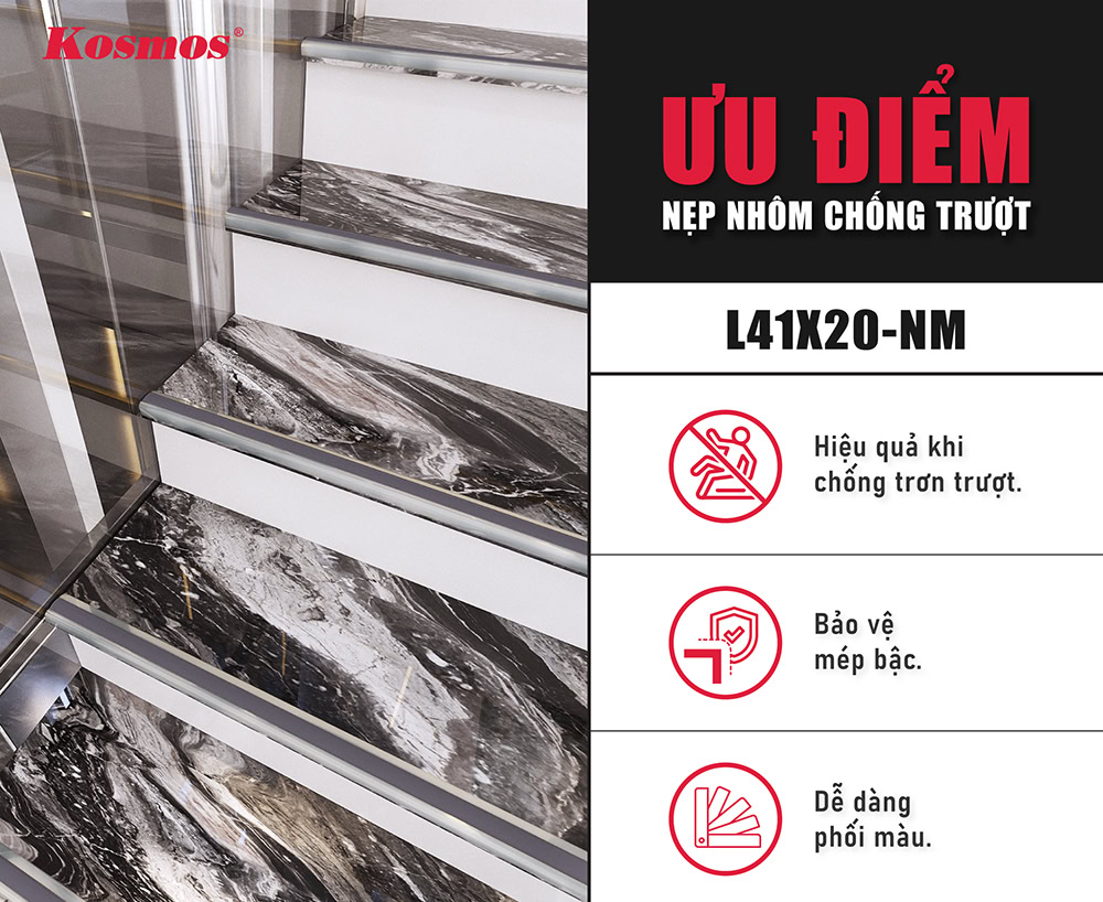 Ventajas del embellecedor de aluminio antideslizante Kosmos L41X20-NM