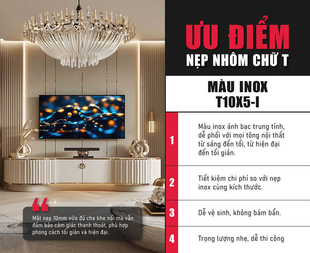Ưu điểm nẹp nhôm chữ T màu inox T10X5-I 
